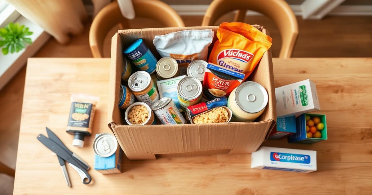 Cardboard box filled with canned proteins, pasta, peanut butter, and hygiene items on a wooden table